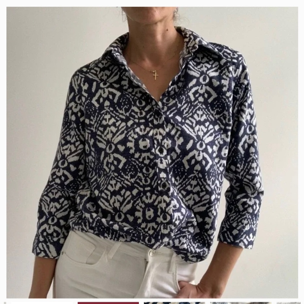 Lauren Ralph Lauren No-Iron Button Down Blouse Blue Ikat Print Sz XXS